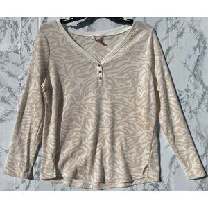 Terra & Sky Womens Plus Size 0X (14W) Beige & White Zebra Print Waffle Knit Henl